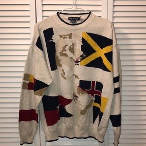 Vintage Nautica Mens Sailing Sweater Nautical Crewneck Classic Flag Countries L